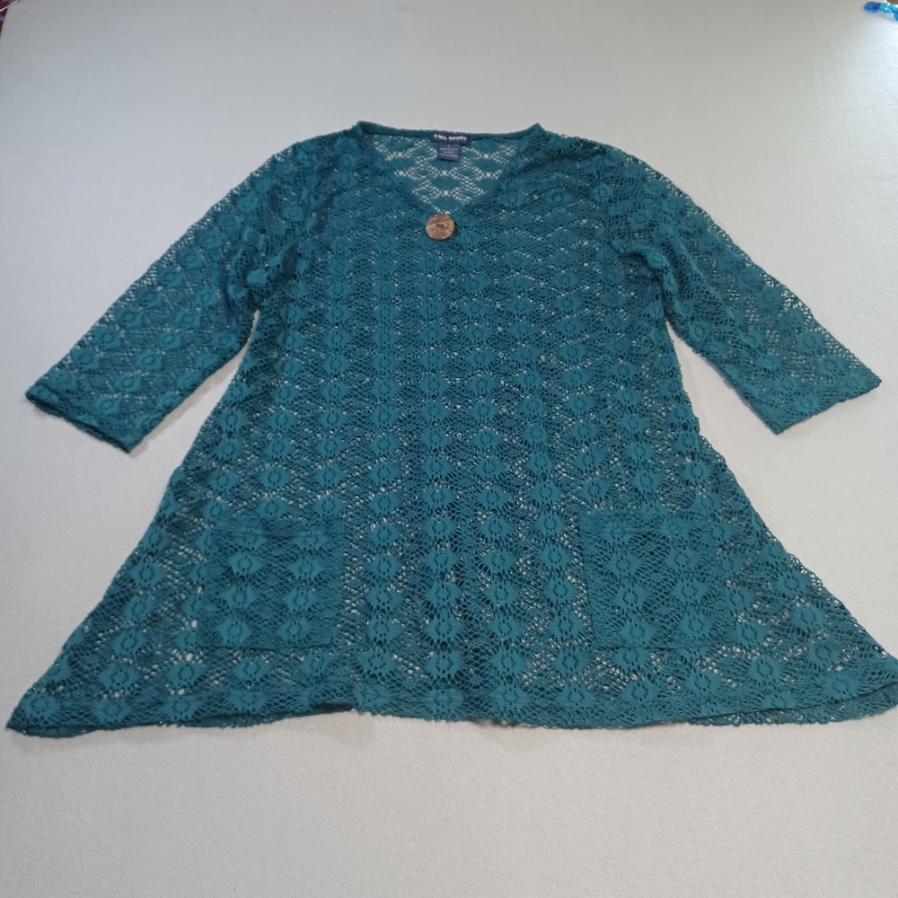 SML Sport Teal Green Crochet Lace Tunic V-Neck 3/4 Sleeve Boho Top Large 2V3219